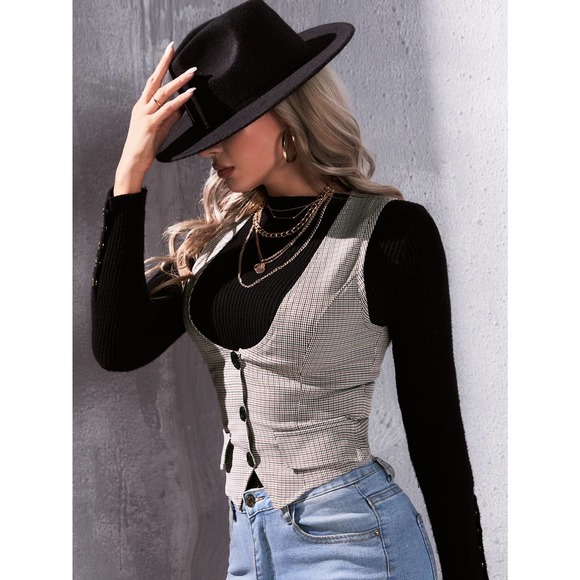 Unity 1pc Plaid Print Flap Detail Vest Blazer - Picture 8 of 11